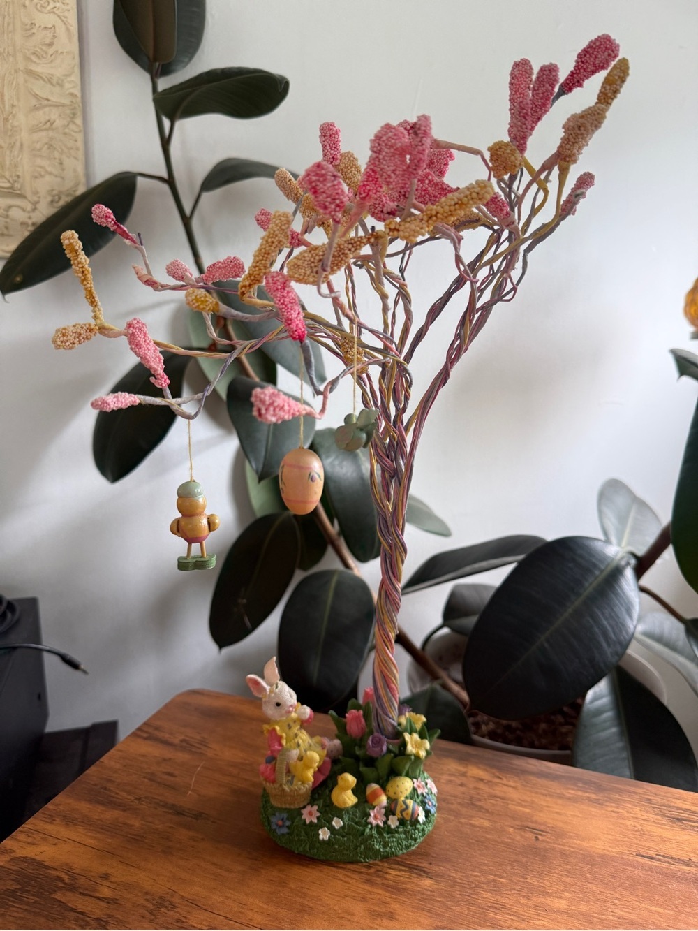 Vintage Pink Easter Floral Tree Accent with Bunny Base